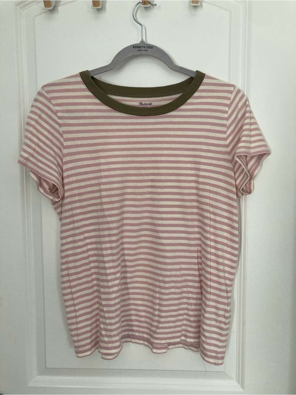Madewell Pink & White Striped Tee with Olive Trim